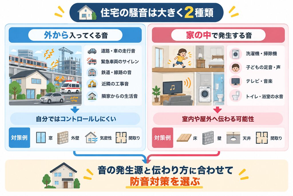 住宅の騒音を「外から入ってくる音」と「家の中で発生する音」に分け、それぞれの発生源や伝わり方、防音対策の例を比較した図解。