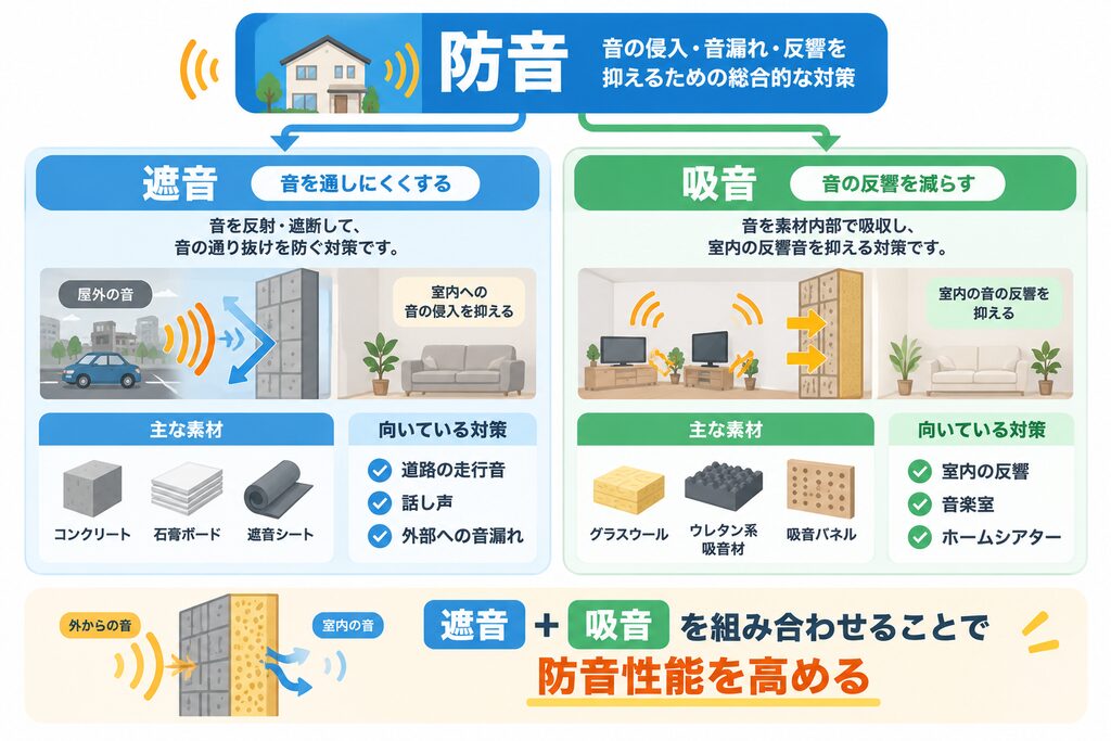 防音を構成する「遮音」と「吸音」の違いを、音の仕組み、主な素材、向いている対策ごとに比較し、両方を組み合わせることで防音性能を高める考え方を示した図解。
