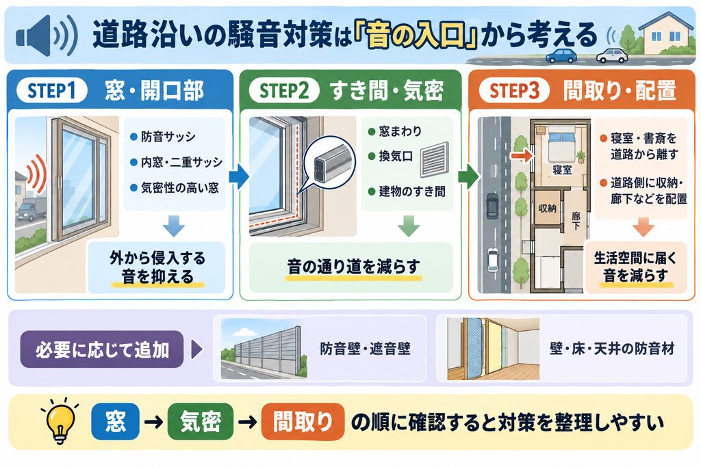 道路沿いの家の防音対策を、窓・開口部、すき間・気密、間取り・配置の3ステップで示し、防音壁や防音材などの追加対策もまとめた図解。