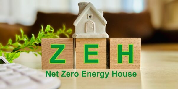 ZEH(ネット・ゼロ・エネルギー・ハウス)の木製ブロックと家のオブジェのイメージ