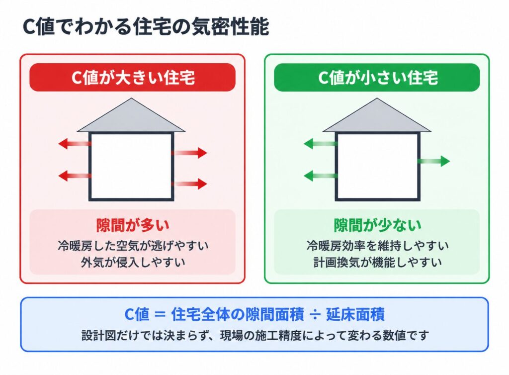 C値が大きい住宅と小さい住宅の隙間や気密性能の違いを比較した図解