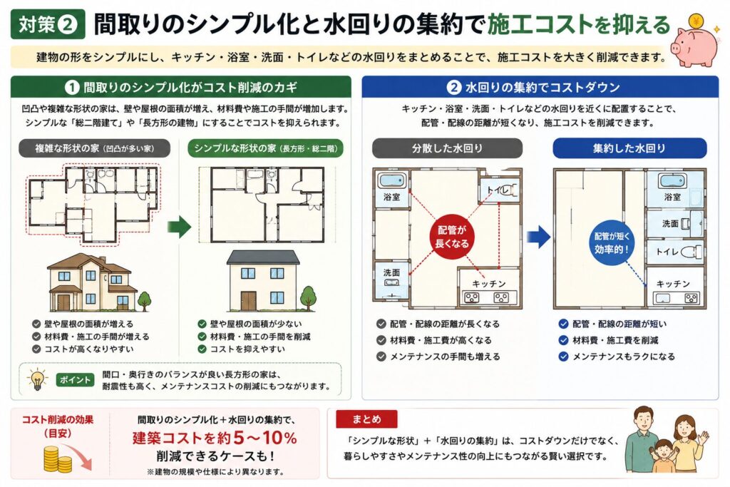 コストが上がりやすい間取りと、建築費を抑えやすいシンプルな間取りや水回り集約を比較した図
