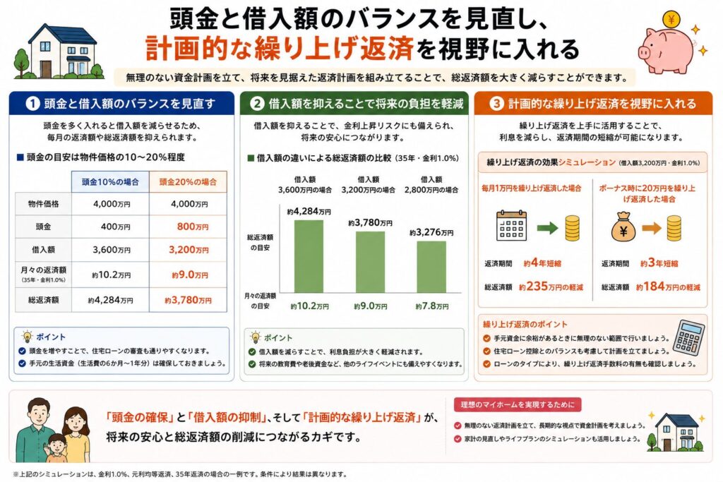 頭金と手元資金のバランス、無理のない返済額、繰り上げ返済までの考え方を示した図
