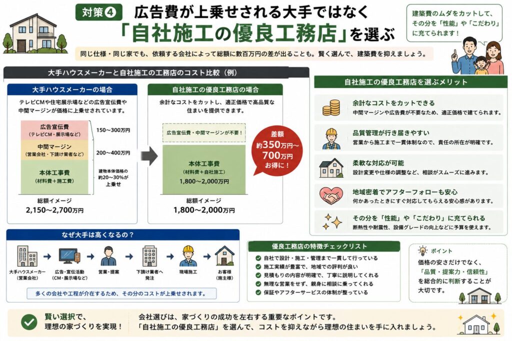 大手ハウスメーカーと自社施工の地元工務店を広告費、施工体制、保証、向いている人などで比較した表