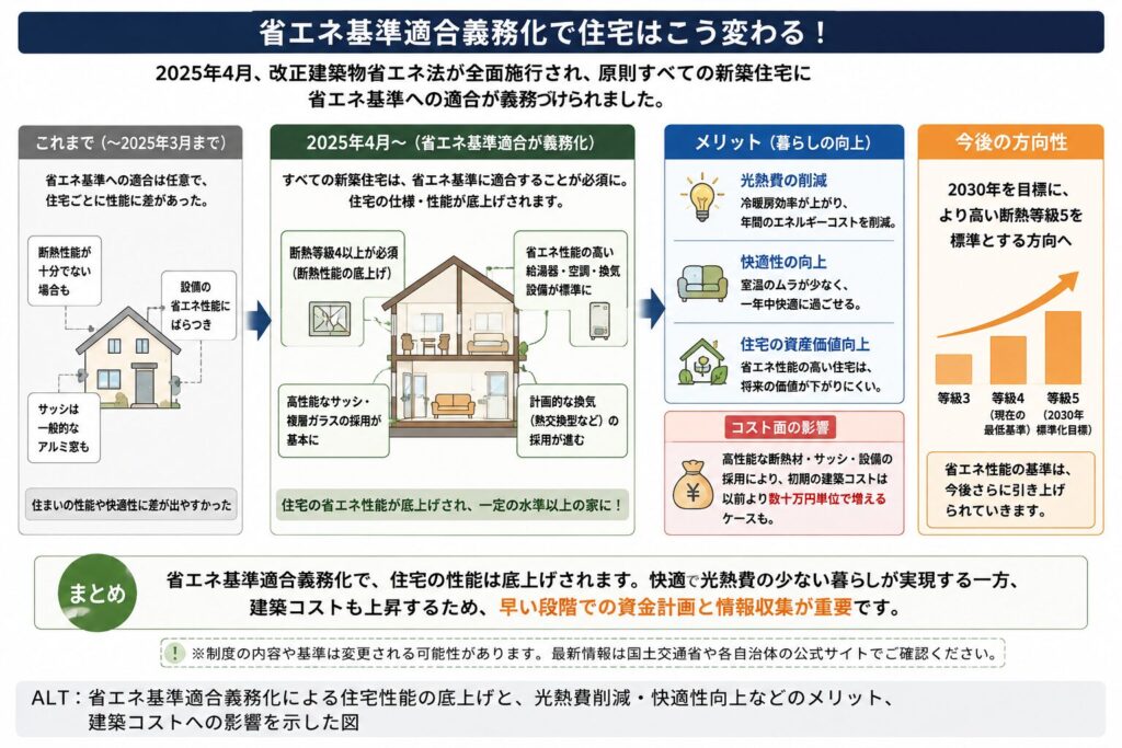 省エネ基準の義務化による住宅仕様の底上げと、メリット・コスト面、将来の方向性を示した図