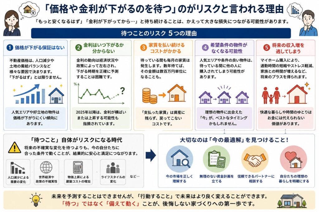 「今、家づくりを検討する場合」と「価格や金利が下がるまで待つ場合」のリスクを比較した図