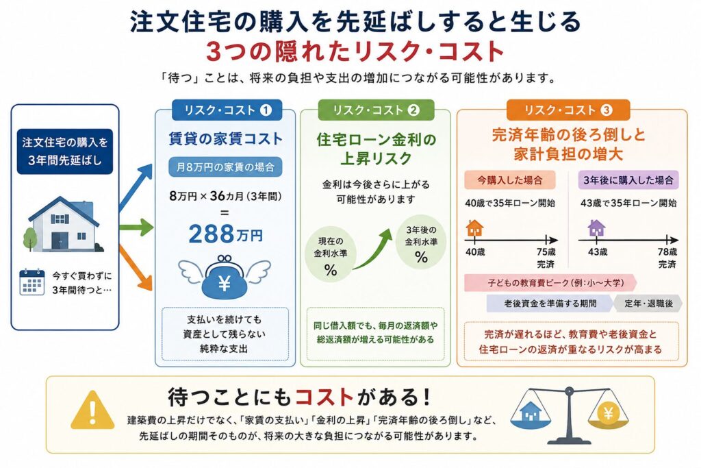 注文住宅の購入を3年間先延ばしした場合に生じる家賃288万円、住宅ローン金利上昇、完済年齢後ろ倒しの3つのリスクを示した図解