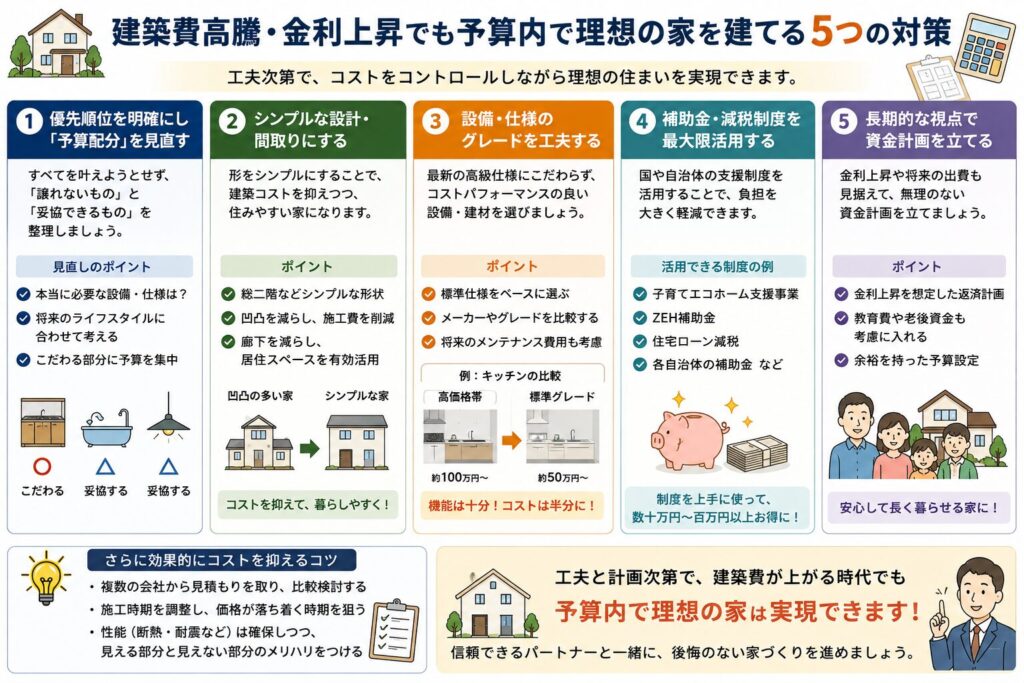 予算内で理想の家を建てるための5つの対策と、それらを組み合わせて総予算を調整する考え方を示した図