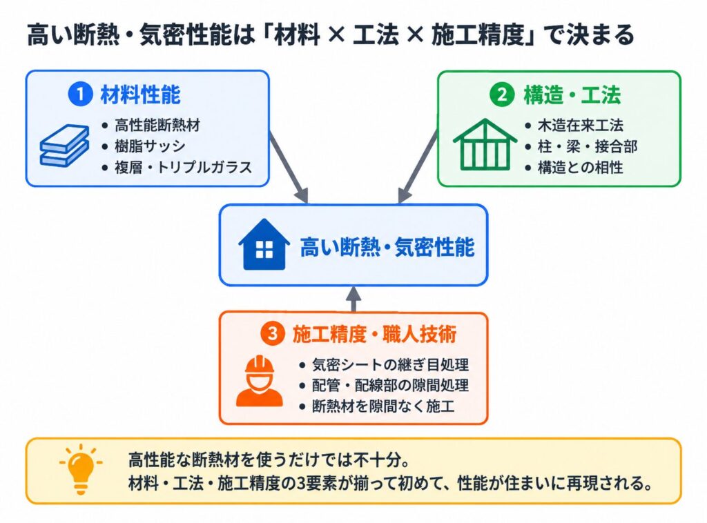 高気密高断熱住宅の性能を左右する断熱材などの材料性能・工法・施工精度の関係を示した図解