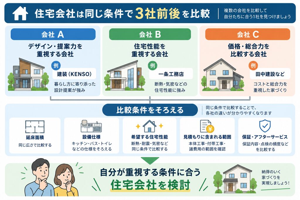 住宅会社を同じ条件で3社前後比較する流れを示した図解