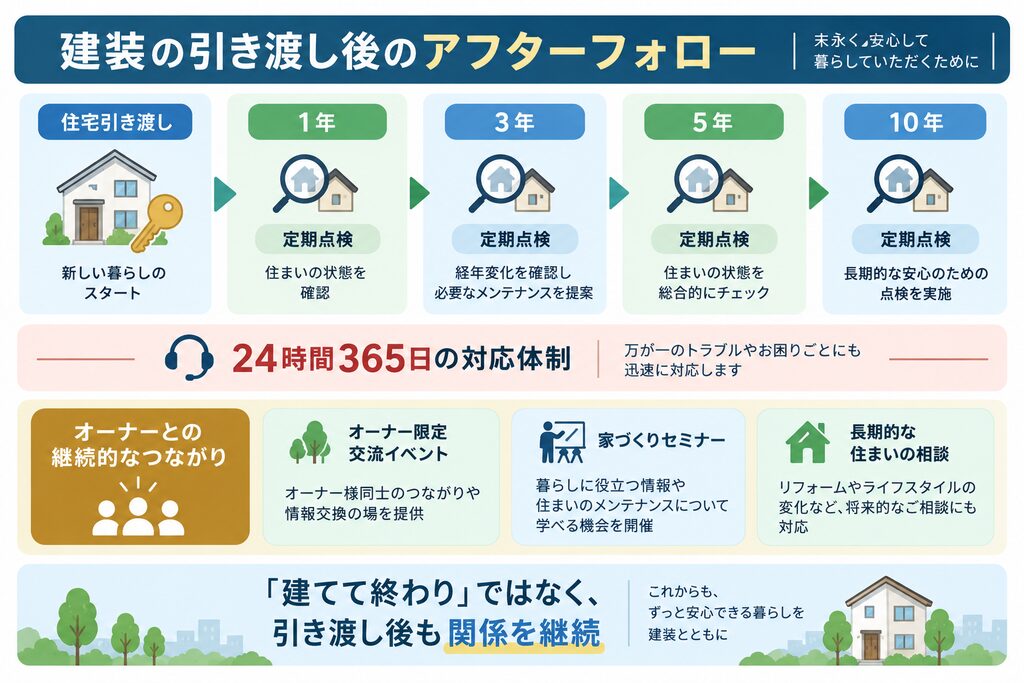 建装(KENSO)の引き渡し後のアフターフォローを示した時系列図