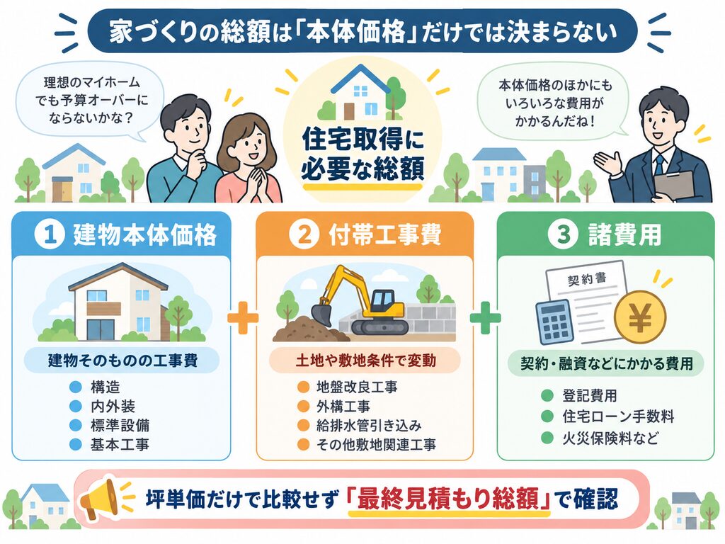 住宅取得に必要な総額は、建物本体価格・付帯工事費・諸費用の3つで構成されることを示した図解