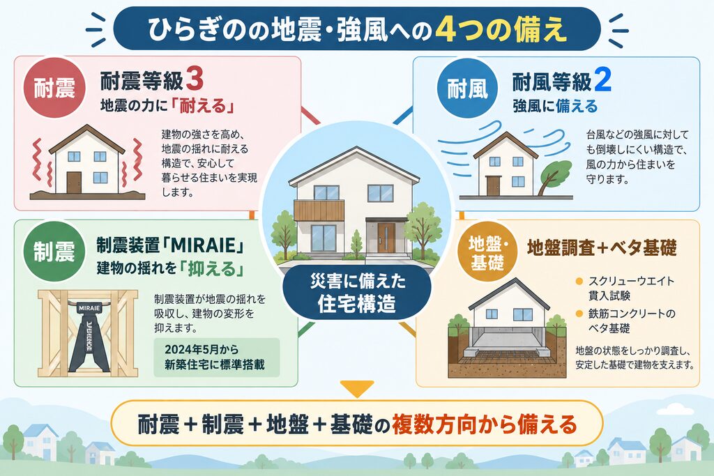 ひらぎのの地震・強風対策として、耐震等級3、耐風等級2、制震装置MIRAIE、地盤調査とベタ基礎の4つの備えを示した図解