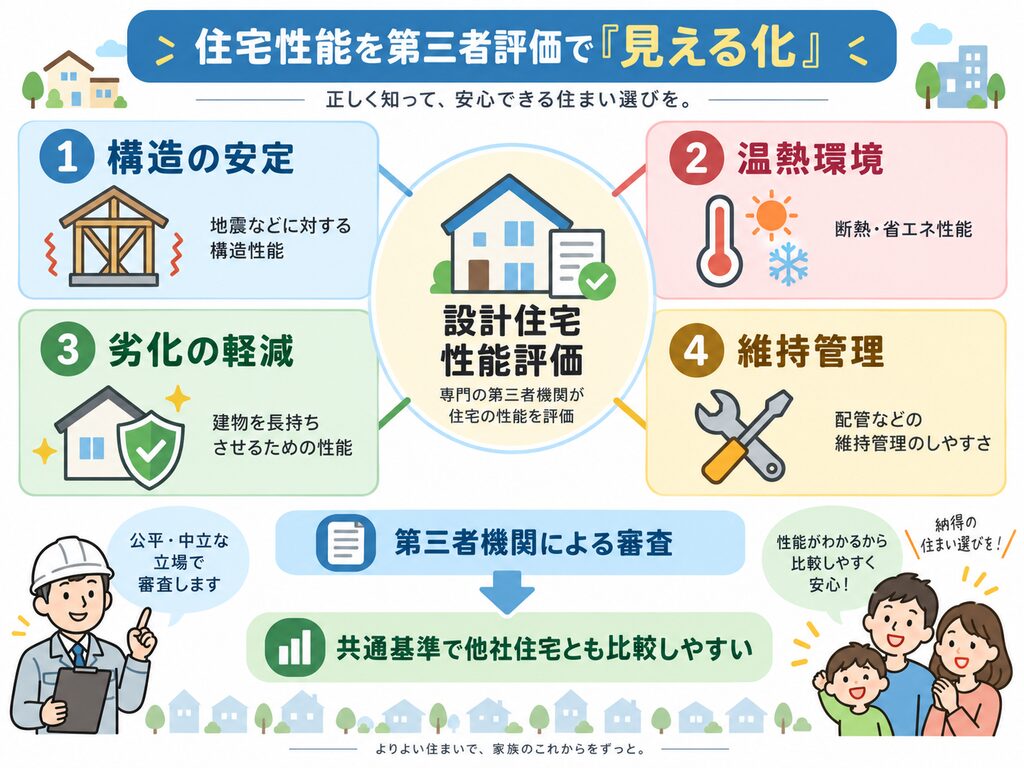 設計住宅性能評価を中心に、構造の安定・温熱環境・劣化の軽減・維持管理の4分野を第三者評価で見える化する仕組みを示した図解